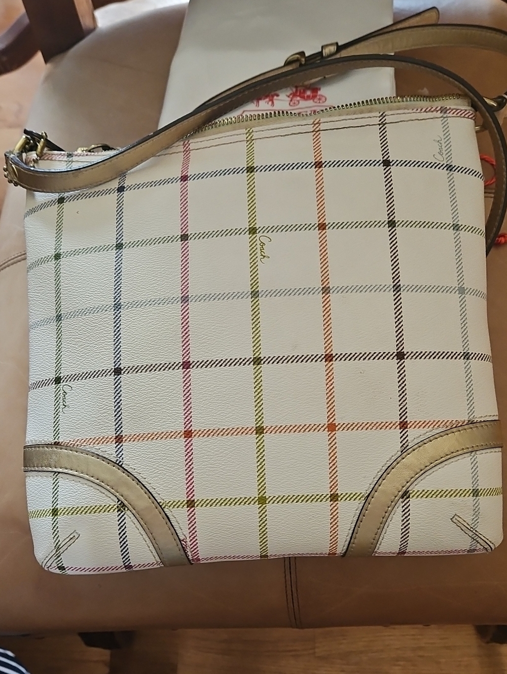 Coach Tattersall Plaid Peyton Shoulder Bag Gold Leather Trim Dustbag And Tag - Picture 2 of 6